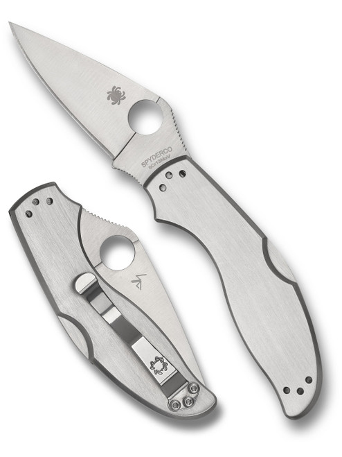 Spyderco UpTern folding knife with thumb hole - shown open presentation side and closed pocket clip side.  Satin 8Cr13MoV stainless steel plain edge blade.  Stainless steel handle.  Model C261P.