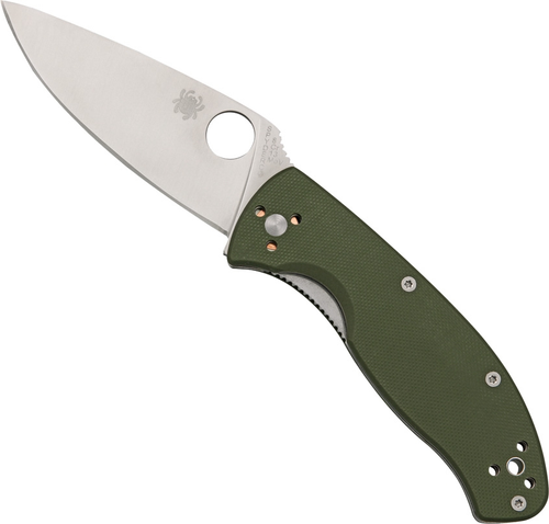 Spyderco Tenacious Blue Ridge Knives Exclusive folding knife with thumb hole - shown open presentation side.  Satin 8Cr13MoV stainless steel plain edge blade.  Green G-10 handle.  C122GPGR.
For reference only.