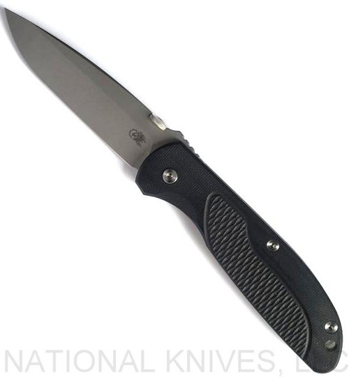 Rick Hinderer Knives Firetac Spanto folding knife - shown open presentation side.  Working Finish 20CV stainless steel plain edge blade.  Black G-10 handle with Working Finish lock side.  Model KFTACSPA.