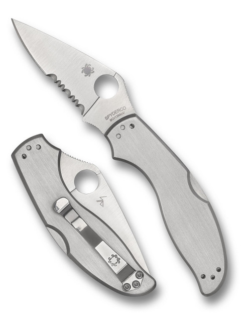 Spyderco UpTern folding knife with thumb hole - shown open presentation side and closed pocket clip side.  Satin 8Cr13MoV stainless steel combo edge blade.  Stainless steel handle.  Model C261PS.