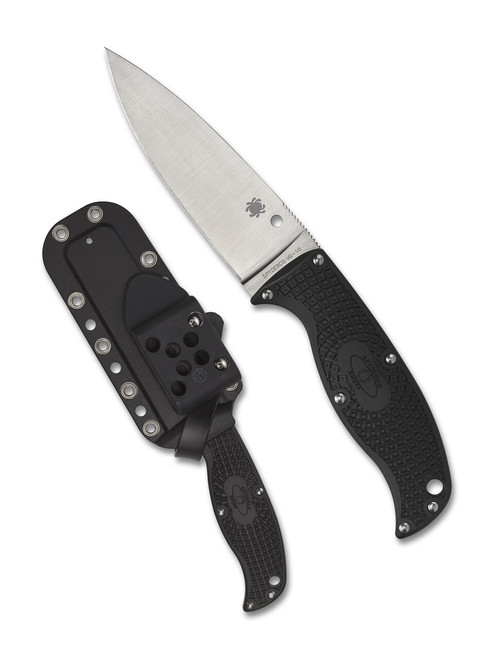 Spyderco Enuff 2 Leaf fixed blade knife - shown out of sheath reverse and in sheath reverse.  Satin VG-10 stainless steel plain edge blade.  Black FRN handle.  Model FB31PBK2.