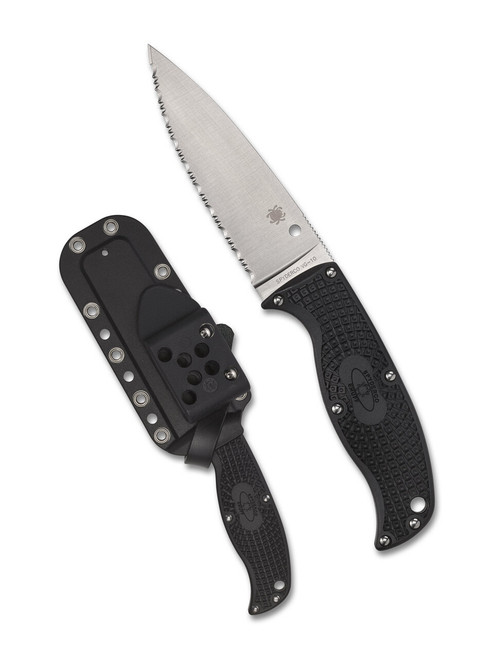 Spyderco Enuff 2 Leaf fixed blade knife - shown out of sheath reverse and in sheath reverse.  Satin VG-10 stainless steel serrated edge blade.  Black FRN handle.  Model FB31SBK2.