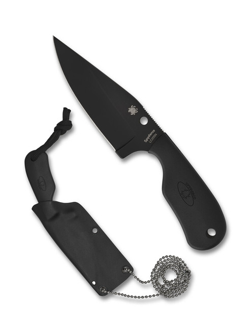 Spyderco Perrin Subway Bowie fixed blade knife - shown out of sheath obverse and in sheath obverse.  Black LC200N stainless steel plain edge blade.  Black FRN handle.  Model FB48PBBK.