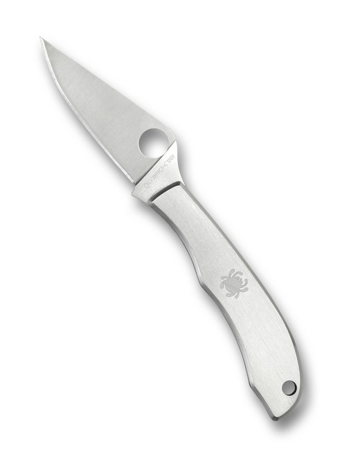 Spyderco Honeybee folding knife with thumb hole - shown open obverse.  Satin 3Cr13 stainless steel plain edge blade.  Stainless steel handle.  Model C137P.