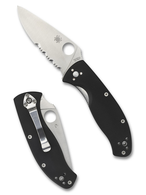Spyderco Tenacious folding knife with thumb hole - shown open presentation side and closed pocket clip side.  Satin 8Cr13MoV stainless steel combo edge blade.  Black G-10 handle.  C122GPS.
