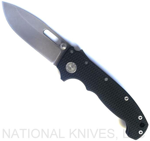 Demko Knives AD-20S drop point folding knife with thumb slot and thumb stud - shown open presentation side.  Stonewash Elmax stainless steel plain edge blade.  Black G-10 handle.