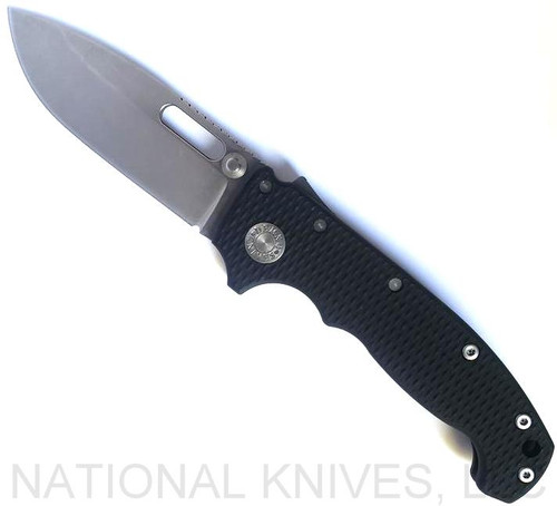 Demko Knives AD-20S drop point folding knife with thumb slot and thumb stud - shown open presentation side.  Stonewash CTS-204P stainless steel plain edge blade.  Black G-10 handle.