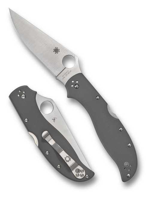 Spyderco Stretch 2 XL folding knife with thumb hole - shown open presentation side and closed pocket clip side.  Satin Cru-Wear steel plain edge blade.  Gray G-10 handle.  Model C258GPGYCW.