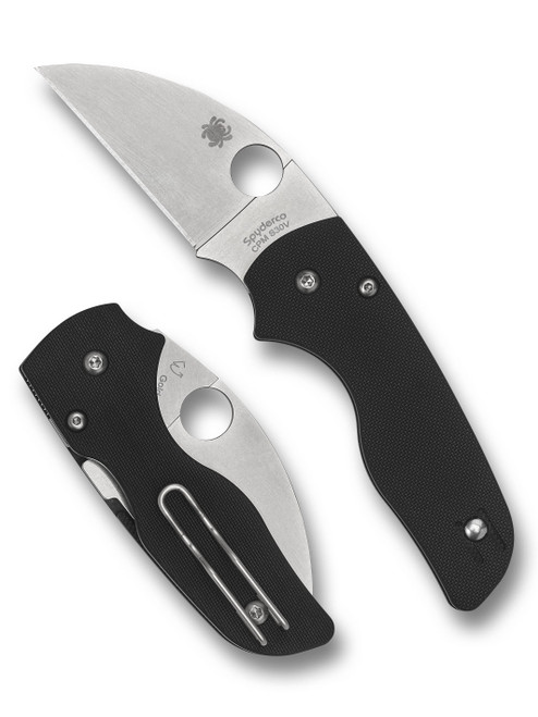 Spyderco Lil' Native folding knife with thumb hole - shown open presentation side and closed pocket clip side.  Satin S30V stainless steel, wharncliffe, plain edge blade.  Black G-10 handle.  Model C230GPWC.