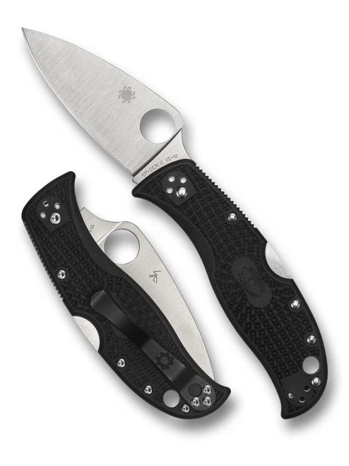 Spyderco LeafJumper folding knife with thumb hole - shown open presentation side and closed pocket clip side.  Satin VG-10 stainless steel plain edge blade.  Black FRN handle.  Model C262PBK.