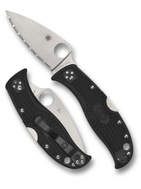 Spyderco LeafJumper folding knife with thumb hole - shown open presentation side and closed pocket clip side.  Satin VG-10 stainless steel serrated edge blade.  Black FRN handle.  Model C262SBK.