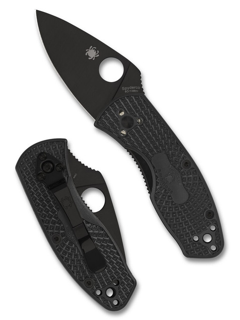 Spyderco Ambitious folding knife with thumb hole - shown open presentation side and closed pocket clip side.  Black 8Cr13MoV stainless steel plain edge blade.  Black FRN handle.  Model C148PBBK.