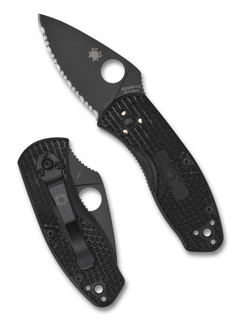 Spyderco Ambitious folding knife with thumb hole - shown open presentation side and closed pocket clip side.  Black 8Cr13MoV stainless steel serrated edge blade.  Black FRN handle.  Model C148SBBK.
For reference only.