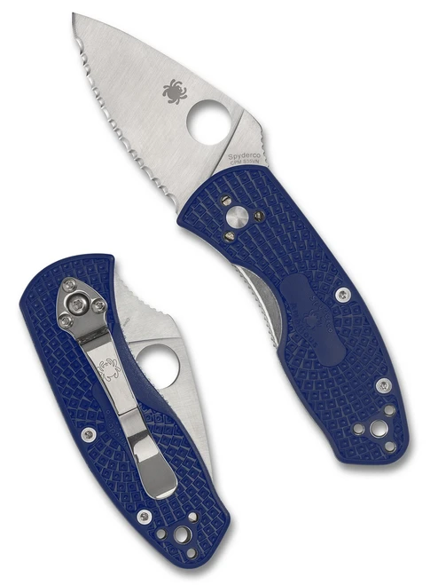 Spyderco Ambitious folding knife with thumb hole - shown open presentation side and closed pocket clip side.  Satin S35VN stainless steel serrated edge blade.  Blue FRN handle.  Model C148SBL.
