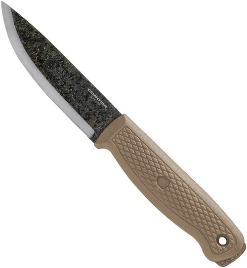 Condor Tool and Knife Terrasaur fixed blade knife - shown out of sheath reverse.  Black 1095 steel plain edge blade.  Desert Polypropylene handle.  Model CTK3944-4.1.