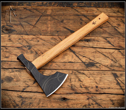 American Tomahawk Company Model 2 Topo - shown out of scabbard obverse.   Black Topo 1060 steel head.  Hickory wood handle.  Model ATC-HICKORY2-BK-TOPO.