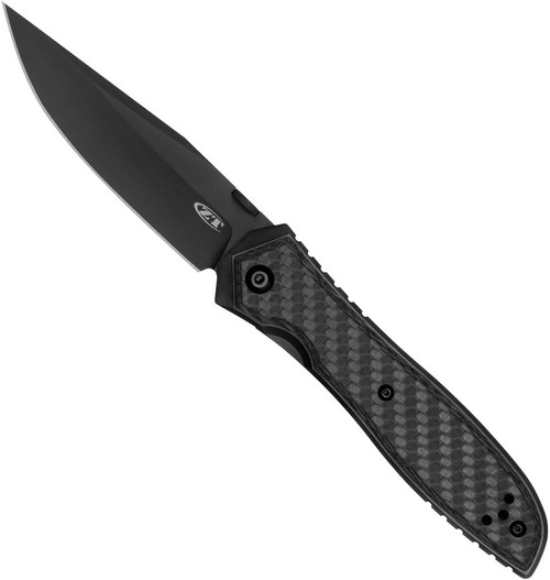 Zero Tolerance 0640BLK folding knife with thumb disk opener - open - logo side.  Black 20CV stainless steel plain edge blade.  Black carbon fiber and titanium handle.  Model 0640BLK.
For reference only.