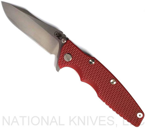Rick Hinderer Knives Eklipse Spear Point folding knife with flipper tab and thumb stud - shown open presentation side.  Stonewash S45VN stainless steel plain edge blade.  Red G-10 handle with stonewash bronze lock side.  Model KEK35SPE.