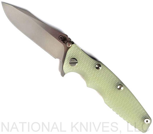 Rick Hinderer Knives Eklipse Spear Point folding knife with flipper tab and thumb stud - shown open presentation side.  Stonewash S45VN stainless steel plain edge blade.  Translucent Green G-10 handle with stonewash bronze lock side.  Model KEK35SPE.