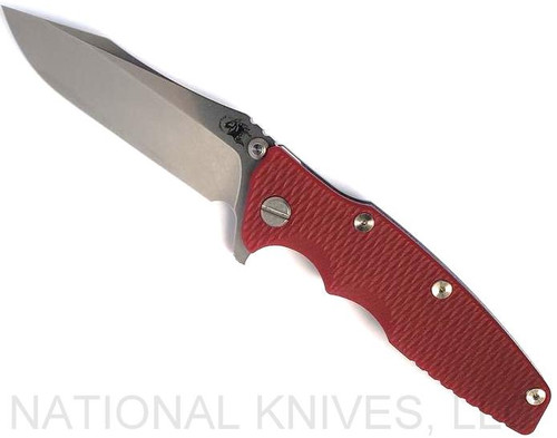 Rick Hinderer Knives Eklipse Spear Point folding knife with flipper tab and thumb stud - shown open presentation side.  Stonewash S45VN stainless steel plain edge blade.  Red G-10 handle with stonewash blue lock side.  Model KEK35SPE.