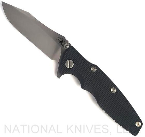 Rick Hinderer Knives Eklipse Spear Point folding knife with flipper tab and thumb stud - shown open presentation side.  Stonewash S45VN stainless steel plain edge blade.  Black G-10 handle with stonewash blue lock side.  Model KEK35SPE.