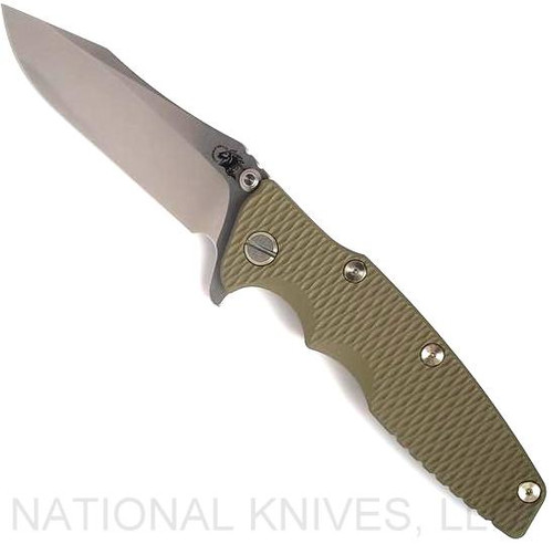 Rick Hinderer Knives Eklipse Spear Point folding knife with flipper tab and thumb stud - shown open presentation side.  Stonewash S45VN stainless steel plain edge blade.  OD green G-10 handle with stonewash blue lock side.  Model KEK35SPE.