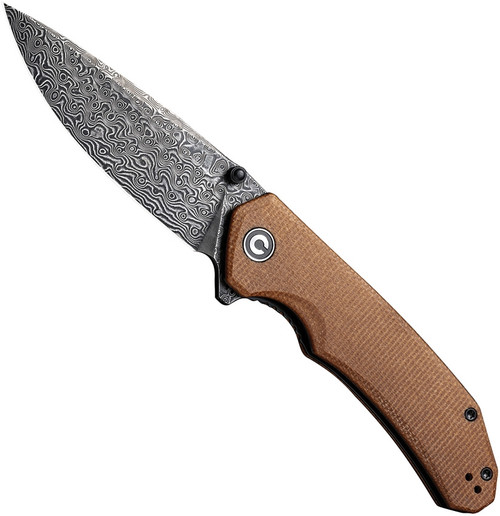 Civivi Brazen folding knife with thumb stud and flipper tab - shown open presentation side.  Damascus steel plain edge blade.  Brown Micarta handle.  Model C2102DS-1.