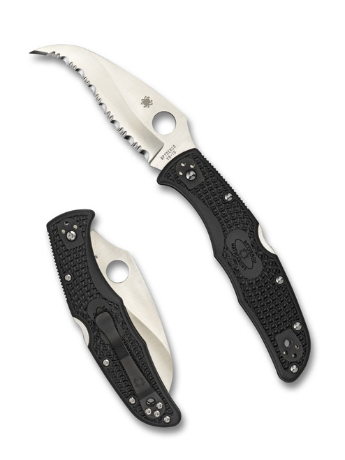 Spyderco Matriarch 2 folding knife with thumb hole - shown open presentation side and closed pocket clip side.  Satin VG-10 stainless steel serrated edge blade.  Black FRN handle.  Model C12SBK2.