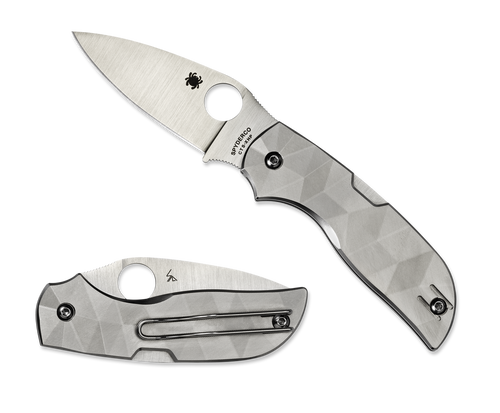 Spyderco Chaparral folding knife with thumb hole - shown open presentation side and closed pocket clip side.  Satin CTS-XHP stainless steel plain edge blade. Titanium handle.  Model C152TIP.
For reference only.