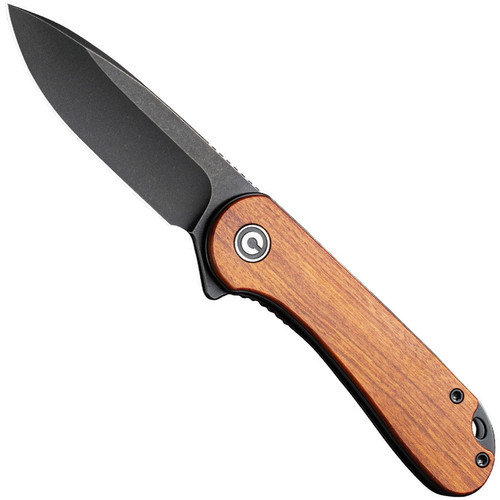Civivi Elementum folding knife with flipper tab - shown open presentation side.  Black stonewash D2 steel plain edge blade.  Cuibourtia Wood handle.  Model 907U.