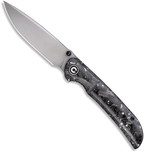 Civivi Imperium folding knife with thumb stud - shown open presentation side.  Stonewash Nitro-V stainless steel plain edge blade.  Black carbon fiber and silvery shred in resin handle.  Model C2106B.