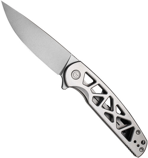 Civivi Perf folding knife with flipper tab - shown open presentation side.  Stonewash Nitro-V stainless steel plain edge blade.  Stainless steel handle.  Model C20006-A.