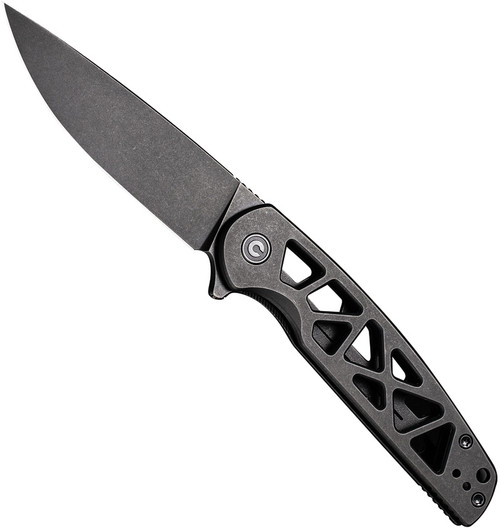 Civivi Perf folding knife with flipper tab - shown open presentation side.  Black stonewash Nitro-V stainless steel plain edge blade.  Black stainless steel handle.  Model C20006-B.