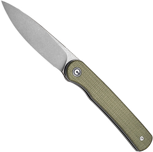 Civivi Stylum folding knife with flipper tab - shown open presentation side.  Stonewash 10Cr15CoMoV stainless steel plain edge blade.  Olive Micarta handle.  Model C20010B-B.