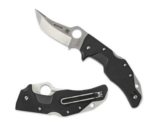 Spyderco Battlestation folding knife with thumb hole - shown open presentation side and closed pocket clip side.  Satin VG-10 stainless steel plain edge blade. Black G-10 handle.  Model C168GP.
For reference only.