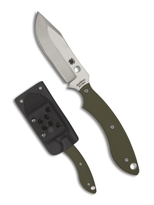 Spyderco Stok Bowie fixed blade knife - shown out of sheath reverse and in sheath reverse.  Satin 8Cr13MoV stainless steel plain edge blade.  Green G-10 handle.  Model FB49GPOD.