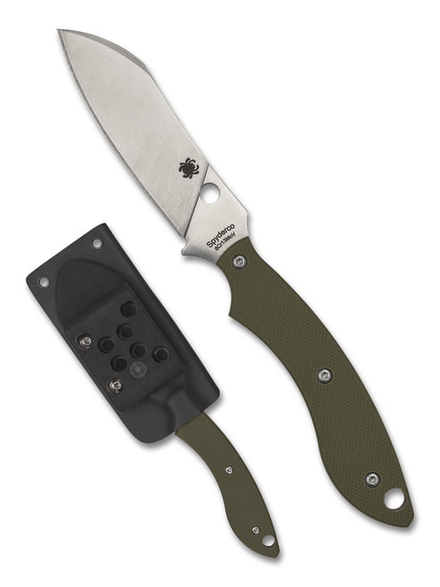 Spyderco Stok Drop Point fixed blade knife - shown out of sheath reverse and in sheath reverse.  Satin 8Cr13MoV stainless steel plain edge blade.  Green G-10 handle.  Model FB50GPOD.