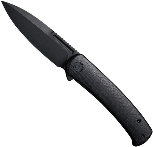 Civivi Cetos folding knife with nail slot and flipper tab - shown open presentation side.  Black stonewash 14C28N stainless steel plain edge blade.  Black Micarta handle.  Model C21025B-2.