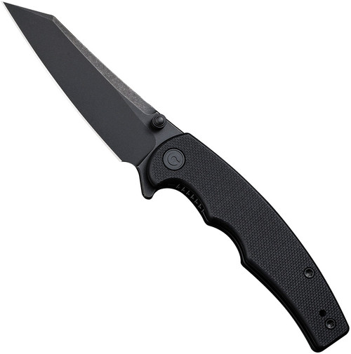 Civivi P87 folding knife with thumb stud and flipper tab - shown open presentation side.  Black stonewash Nitro-V stainless steel plain edge blade.  Black G-10 handle.  Model C21043-1.