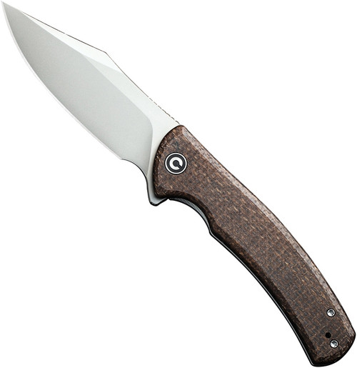Civivi Sinisys folding knife with flipper tab - shown open presentation side.  Bead blast 14C28N stainless steel plain edge blade.  Brown Micarta handle.  Model C20039-2.