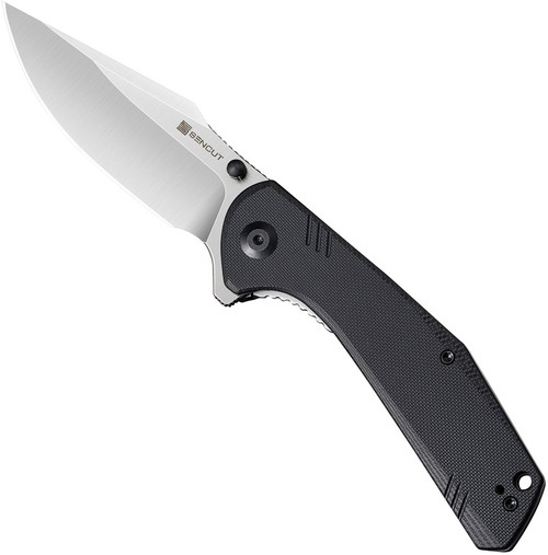 Sencut Actium folding knife with thumb stud and flipper tab - shown open presentation side.  Satin D2 steel plain edge blade.  Black G-10 handle.  Model SA02B.