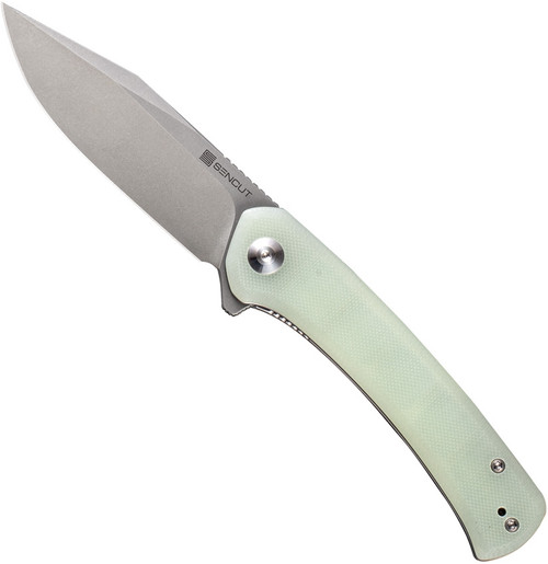 Sencut Snap folding knife with flipper tab - shown open presentation side.  Stonewash 9Cr18MoV stainless steel plain edge blade.  Natural G-10 handle.  Model SA05C-V1.