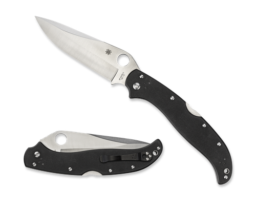 Spyderco Tatanka folding knife with thumb hole - shown open presentation side and closed pocket clip side.  Satin VG-10 stainless steel plain edge blade. Black G-10 handle.  Model C180GP.
For reference only.