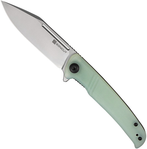 Sencut Brazoria folding knife with flipper tab - shown open presentation side.  Bead blast D2 steel plain edge blade.  Natural G-10 handle.  Model SA12B.