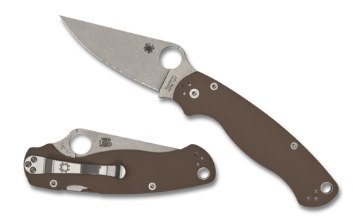 Spyderco Paramilitary 2 Sprint Run folding knife with thumb hole - shown open presentation side and closed pocket clip side.  15V steel plain edge blade.  Brown G-10 handle.  Model C81GPBN15V2.
For reference only.