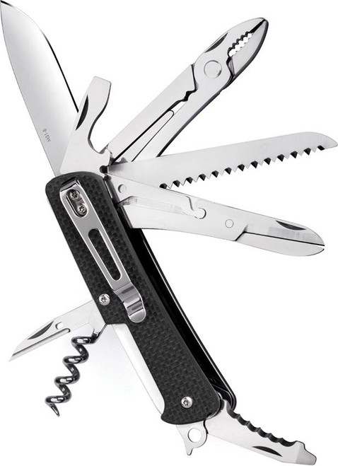 Ruike Knives M51-B multitool with 19 functions - shown open pocket clip side.  Black G-10 handle.  Model M51-B.