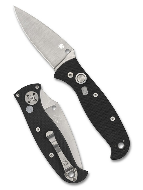 Spyderco Autonomy 2 automatic knife with push button - shown open presentation side and closed pocket clip side.  Satin LC200N stainless steel plain edge blade.  Black G-10 handle.  Model C165GP2.