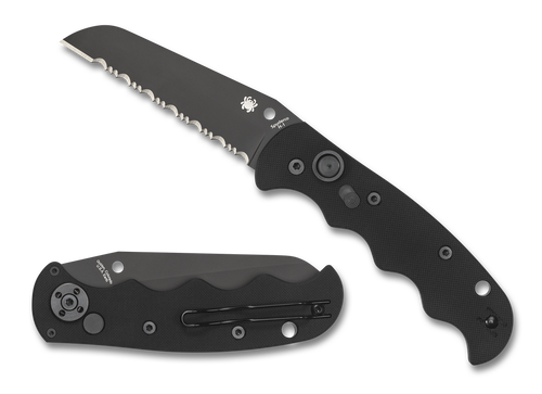 Spyderco Autonomy automatic folding knife with push button - shown open presentation side and closed pocket clip side.  Black H-1 stainless steel serrated edge blade.  Black G-10 handle.  Model C165GSBBK.