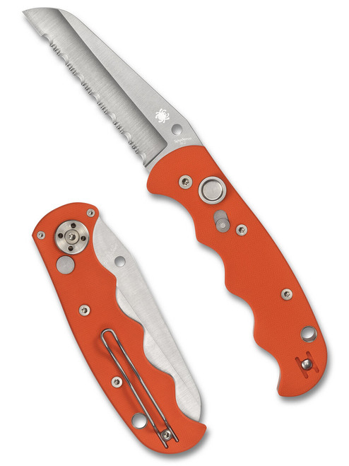 Spyderco Autonomy automatic folding knife with push button - shown open presentation side and closed pocket clip side.  Satin H-2 stainless steel serrated edge blade.  Orange G-10 handle.  Model C165GSOR.