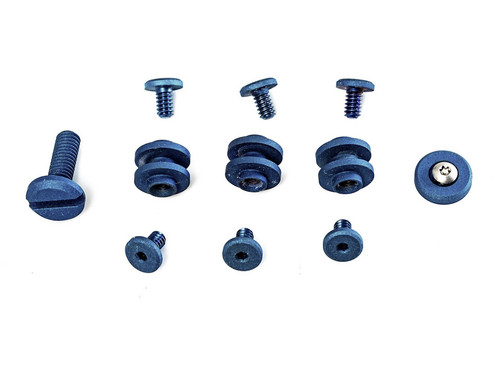 Rick Hinderer Knives Complete Hardware Kit displayed.  Titanium construction with Battle Blue finish.  Fits the standard 3.5" Eklipse folding knife.